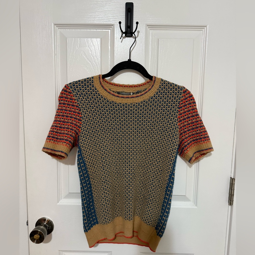 Anthropologie Tan and Blue Knit Sweater